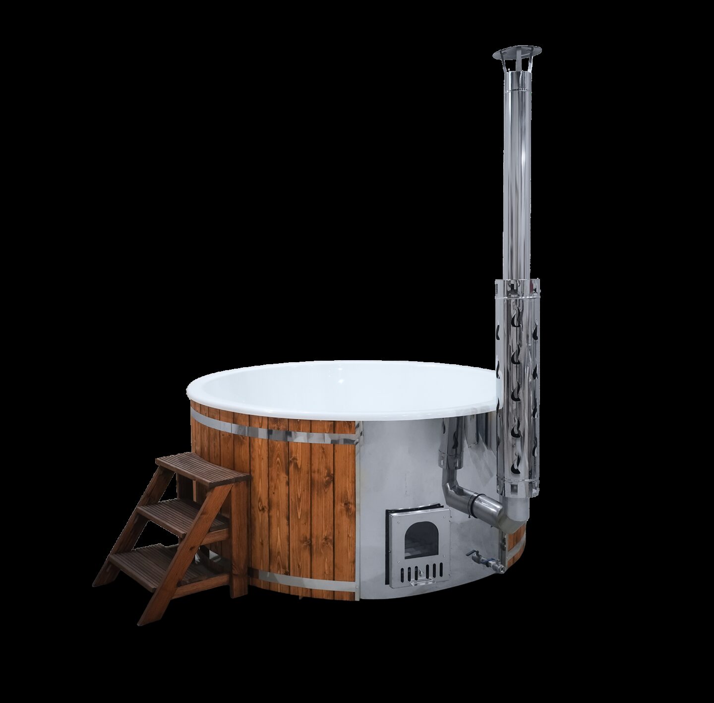 Hot Tub SOPHIA aus Holz mit Treppe und Edelstahl-Ofenrohr