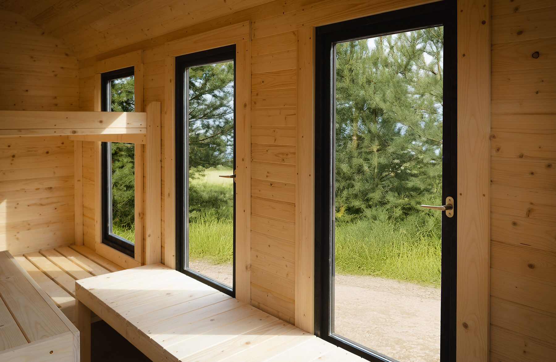 Innenansicht eines Feuerbad Tiny House CERES mit heller Holzverkleidung und großen Fenstern. Die integrierten Sitz- und Liegeflächen aus Massivholz verlaufen entlang der Fensterfront und schaffen einen offenen, lichtdurchfluteten Raum. Der Blick nach draußen ins Grüne verstärkt das Gefühl von Naturverbundenheit und Ruhe