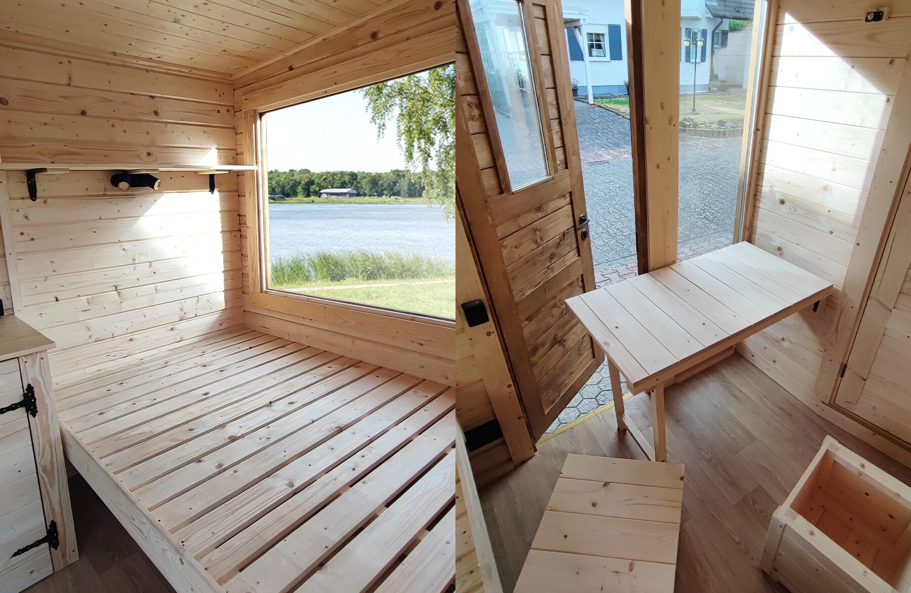 Innenansicht eines Feuerbad Tiny House DELUXE mit heller Holzverkleidung: Links ein gemütlicher Schlafbereich mit großer Fensterfront und Blick auf einen See, rechts der Eingangsbereich mit geöffneter Holztür, klappbarem Tisch und kompakten Sitz- und Stauraumelementen, die eine flexible Nutzung ermöglichen